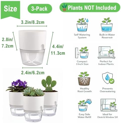 3.2 Inch Self Watering Planters 3 Pack Plastic Wicking Pots White