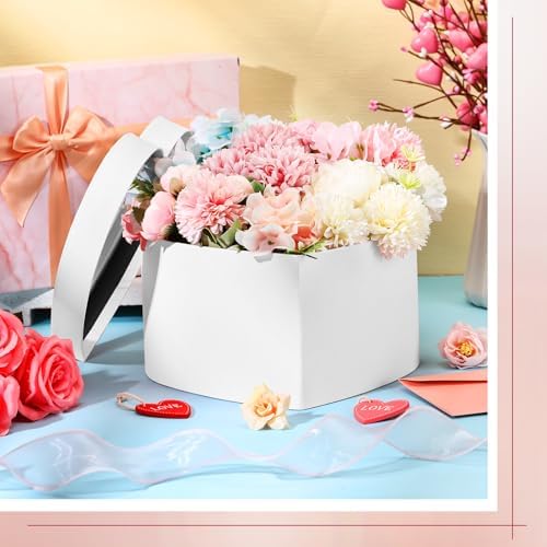 Nuenen Heart Gift Boxes for Her Him with Lid & Floral Foam Set, Grad Flower Gift Box with Clear Cellophane 9.8 x 9 x 5 Inches for Wedding Bridesmaid Birthday(White)