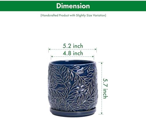 D'vine Dev Embossed Leaves Ceramic Planter, 5 in, Midnight Blue, 27-A-V-3