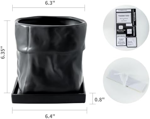 Nihow 6 Inch Ceramic Plant Pot with Drainage & Square Saucer,Black