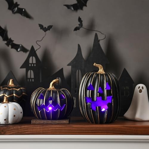 FESTGLOX Light Up Black Jack O Lantern Pumpkins for Indoor Halloween Decor