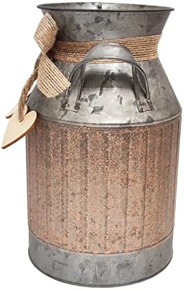 Shabby Chic Classy Designed Brown Milk Can Heart-Shaped Galvanized Finish Metal Vase Country Rustic Primitive Decorative Flower Holder, 8.8" H