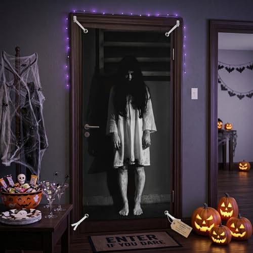 Halloween Door Backdrop Banner Ghost Girl Creepy Devil Go Crazy Terror Theme Scary Halloween Party Decoration Supplies for Women Men 80x35 Inch
