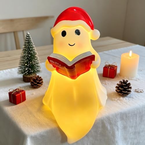 Christmas Reading Ghost Figurine Xmas Hat Spooky Glow in the Dark Statues