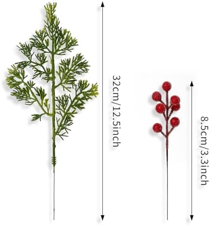 40PCS Christmas Artificial Pine Branches Frosted Berry Stems Fake Evergreen Norfolk Cypress Sprigs Holly Berries Winter Greenery Picks for Vase Filler DIY Craft Garland Home Decor (Green & Red)