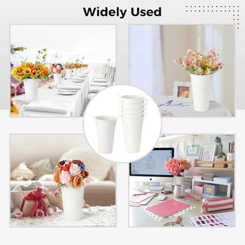 6 Pcs White Flower Buckets, Galvanized Metal Vases, 11.8 Inches Flower Vase with Handles, French Flower Bucket，Rustic Farmhouse Vases for Home Decor Wedding Table Centerpiece