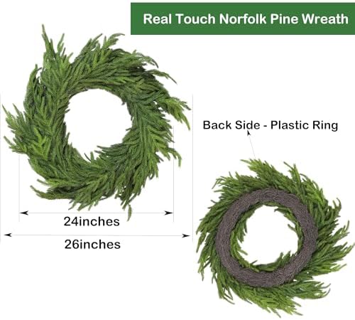 24" Real Touch Norfolk Pine Wreath, Faux Christmas Wreath for Front Door