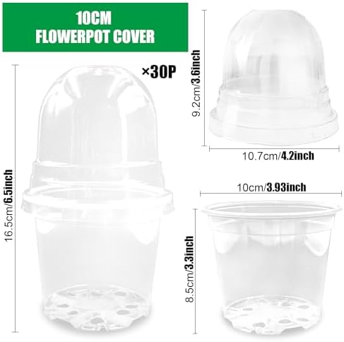 RooTrimmer Transparent Nursery Pots 4Inch with Humidity Domes for Seeds Starting, Clear Plastic Plant Pots with Drainage Holes (4Inch, 30Pcs,Clear Pots with Lids)