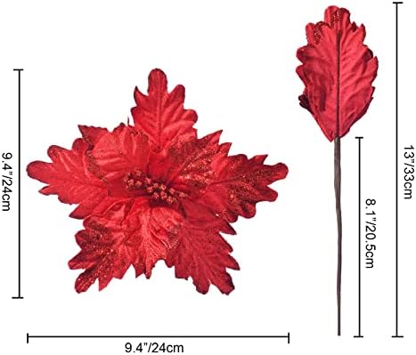 10 PCS Glitter Poinsettias, 9.4" Artificial Christmas Flowers, Red