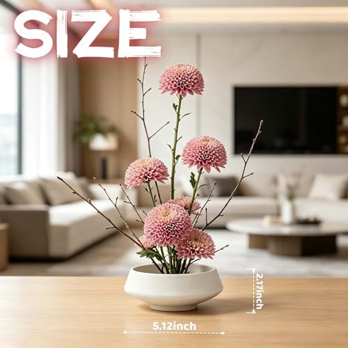 Ikebana vase kit Ceramic Flower Frog Set Kenzan Flower Shallow Bowl Flower Arrangement Kit Zen Decor for Home Office (White Small)