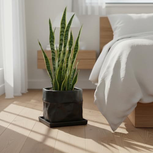 Nihow 8 Inch Ceramic Plant Pot with Drainage & Square Saucer,Black