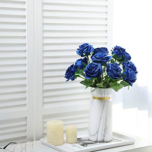 10pcs Blue Roses Artificial Flowers, Realistic Faux Rose with Long Stem