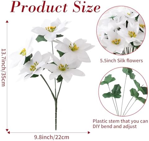 Poinsettias Artificial Christmas Flowers 6 Pack White 5 Heads Poinsettia Flowers Artificial Faux Winter Flowers Holiday Indoor Outdoor Xmas Tree Ornament Porch Home Garden Decoration