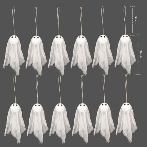 Decor365 Small Hanging Ghosts with White Creep Cloth and Black Eyes Summerween Party Decorations Classroom Living Room Outdoor Halloween Decorations Spooky Scary Ghost To Hang from Trees (Pack Of 12)