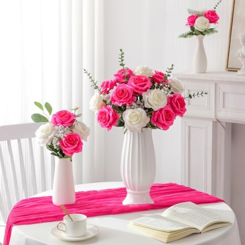 Nubry Artificial Silk Roses, 10pcs Lifelike Hot Pink Fake Rose