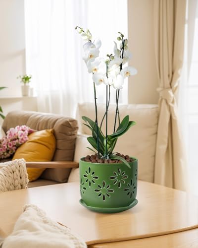 EFISPSS Orchid Pots with Holes,5+6 Inch Ceramic Plant Pots with Drainage Holes and Tray,Enhanced Drainage and Ventilation,Flower Pots for Indoor/Outdoor Plants for Repotting - Green