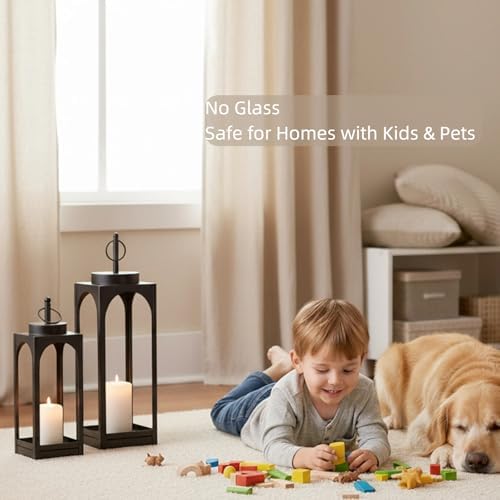 18" 13" Decorative Lanterns Set of 2, Black Outdoor Lanterns with Candles
