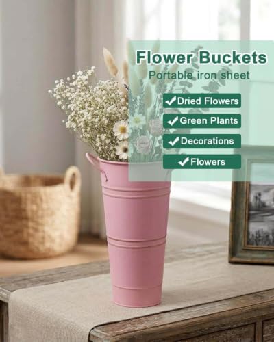 9 Inch Galvanized Flower Bucket, 2 Pack Tabletop Vases for Dried Flowers