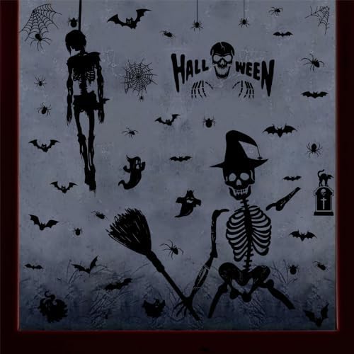 Halloween Skeleton Static Window Clings, Double Sided Ghost Bat Spider Stickers for Party