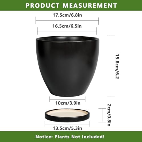 Ceramic Pots for Plants - 6.8 Inch Plant Pot with Drainage Hole and Saucer, Succulent Round Flower Planters for Indoor, Home Decor, Black