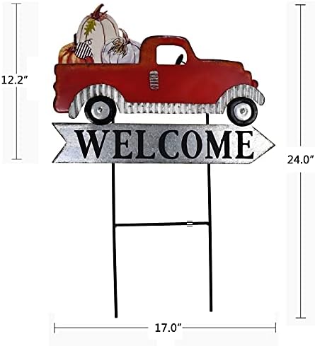 Morning View Red Pickup Truck Yard Stakes Welcome Sign Metal Garden Stake Interchangeable Christmas Tree Fall Pumpkin Outdoor Seasonal Yard Art for Lawn Xmas Winter Autumn Holiday 24 Inches