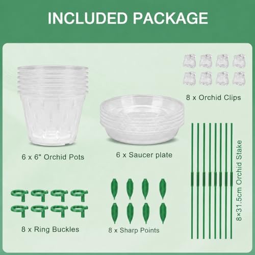 Orchid Pot -6 Pack 6 Inch Orchid Pots with Holes and Saucers, Clear Plastic Plant Pots with 8 Support Stakes and Clips, Orchid Repotting Kit for Indoor Plants (6 Inch)