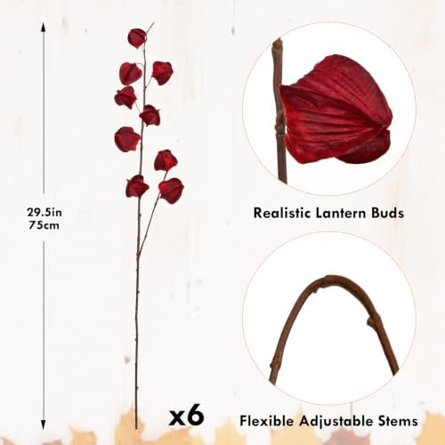 Oairse Artificial Chinese Lantern Flowers Stems - 6 Pcs Artificial Physalis Stems Faux Plants 29.5" Bendable Dark Red Fake Fall Berry Branches for Vase Bouquets Wedding Home Office Halloween Decor