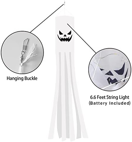 CCINEE 2 Pack Halloween Ghost Windsock Flag with Lights, 70.8 Inch Glow in The Dark Halloween Outdoor Hanging Decor for Yard Patio Garden Pathway Party Decoration(2024 Upgraded)
