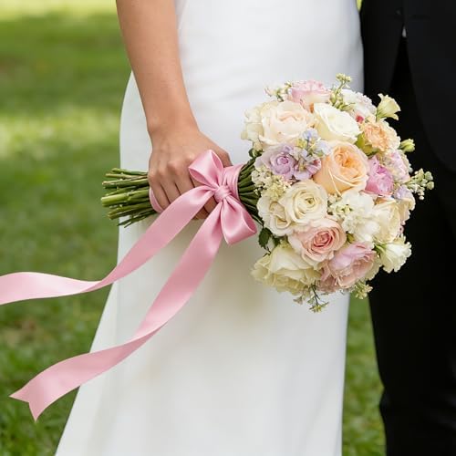 1 in 30 Yards Pink Satin Ribbon for Flower Bouquet Baby Shower Mother's Day