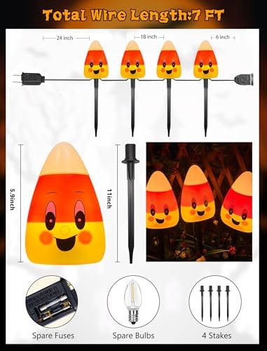 4 Candy Corn Pathway Marker Lights Outdoor, 7Ft Halloween Decoration Stake