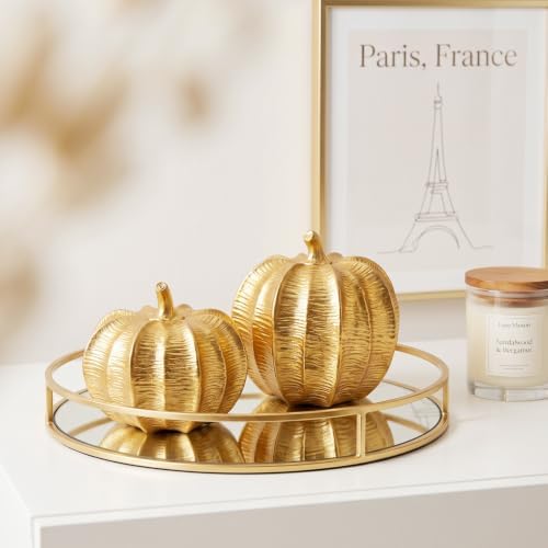 Gold Pumpkins Fall Decor, 2Pcs Decorative Pumpkin Figurine for Thanksgiving