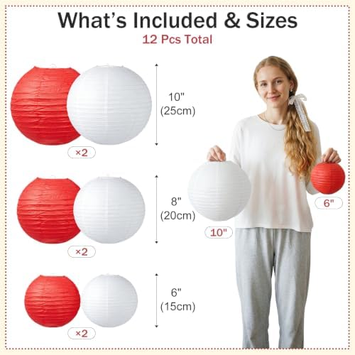 Red and White Paper Lanterns, 12Pcs 6-10 Inch Hanging Party Decorations