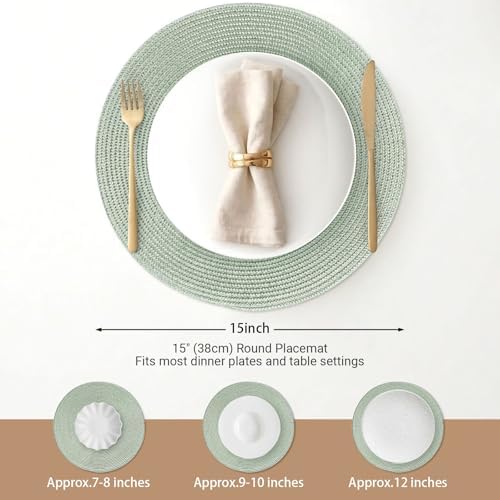 FunWheat Round Braided Placemats Set of 6 Place Mats for Dining Tables Woven Washable Non-Slip Table mats 15 inch(Fog Green, 6pcs)