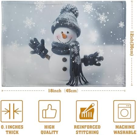 Snowman Placemats Set of 4, 12x18 Inch Winter Cute Blue Snowman Snowflake Table Mats Seasonal Christmas Holiday Washable Linen Fabric Place Mats for Farmhouse Party Kitchen Dining Decor