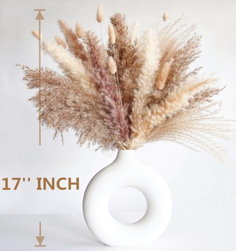 Dried Pampas Grass Decor, 120 PCS Pampas Grass with Bunny Tails Dried Flowers, Reed Grass Bouquet for Wedding, Boho Flowers, Home Table Decor, Rustic Farmhouse Party (White and Brown)