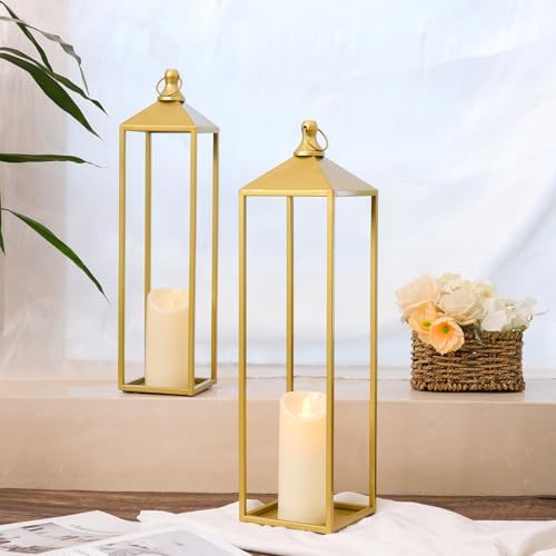 22'' 19'' Large Lanterns Decorative Outdoor Indoor, Set of 2 Gold Lantern