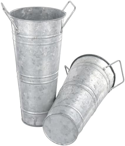 KINJOEK 8 PCS 9 Inch Galvanized Metal Flower Vases, Rustic Farmhouse French Flower Bucket Pots with Handle, Tall Galvanized Metal Vases for Centerpieces, Planter, Home Decor, Silver