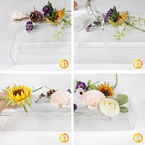 Acrylic Rectangular Floral Centerpiece Vase for Dining Table, 12-Holes, 11.8 x 4 x 3 Inches