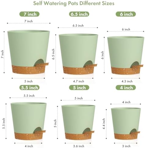 WSMKSZ 7/6.5/6/5.5/5/4 inch Self Watering Pots for Indoor Outdoor Plants, 6 Pack Plastic Flower Planters with Drainage Holes and Removable Saucers, Plant Pots with Wicking Rope, Green Brown