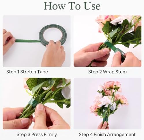 Prudiut 4 Roll Green Floral Tape Waterproof Florist Tape, 1/2" Wide Flower Wrap Tape Floral Tape Bulk for Fresh Flower Bouquet Wrap Flower Arrangements Crafts (98Ft/30Yd)