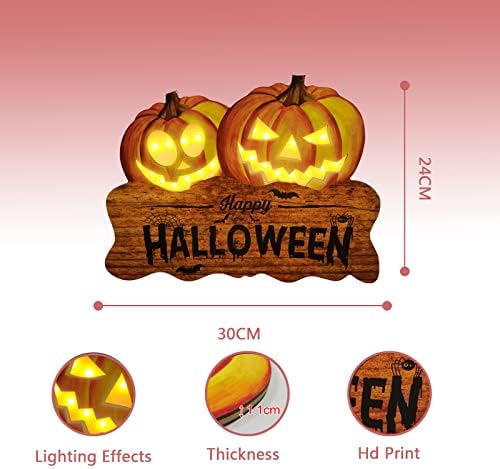 Light Up Happy Halloween Door Sign, 2 Jack O Lanterns, 12 Inch