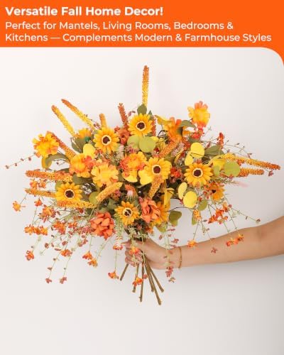 6-Pack Fall Stems Artificial Arrangement Flowers Bouquet Decoration Eucalyptus Leaves Autumn Harvest Home Décor Silk Sunflowers Daisy Grain Berries