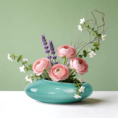 Flower Frog Vase Kit Ikebana Flower Arrangement Ceramic Water Drop Floral Shallow Pot Ge Kiln Bowl Plant Stem Holder Kenzan Home Decor Art Supplies (Ge Kiln Large Size)