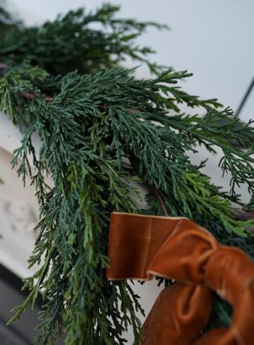 Christmas Cedar Garland,1Pcs 6ft Real Touch Cedar Pine Garland for Mantle Fireplace Outdoor Indoor Christmas Decorations