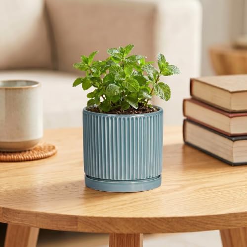 4 Inch Pots for Plants, Ceramic Planter with Saucer, Glaze Blue