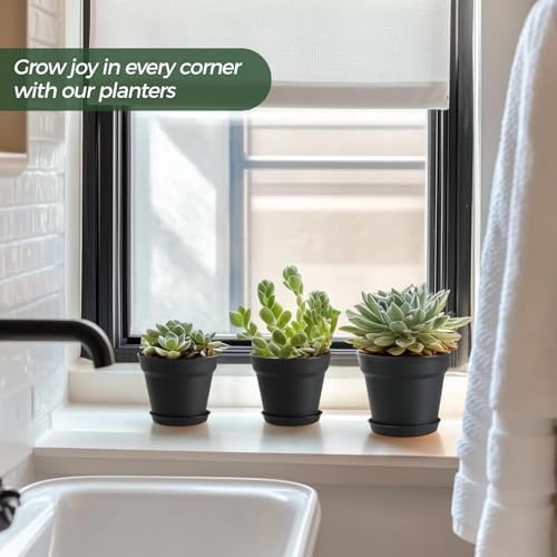 T4U 7.5 Inch Plant Pots 6 Pcs, Flower Pots for Indoor Plants Plastic Pots for Plants with Drainage Holes and Saucer, Planters for Indoor Plants for House Cactus Succulent Black