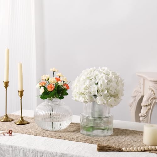 Ribbed Glass Vases, Set of 2 Fluted Vases for Flowers, Clear Glass Vase for Tulips, Modern Vase for Living Room, Kitchen, Office, Entryway, Mantle, Bookshelf, Wedding Gifts, Birthday