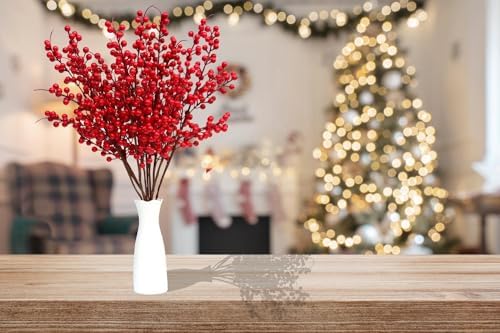 Mklsit 6 Pack Artificial Red Berry Stems 25.2", Long Christmas Red Berries