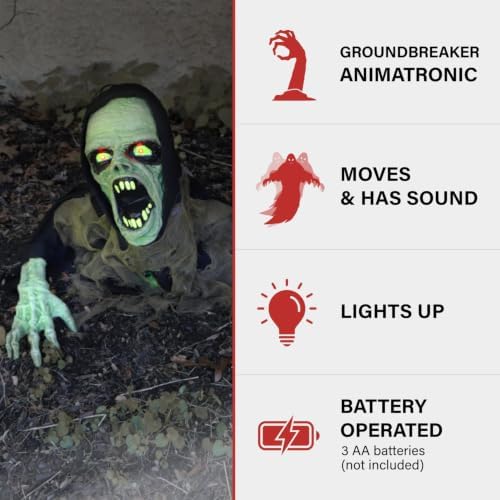 Haunted Hill Farm 21-in. Touch-Activated Zombie Groundbreaker Halloween Animatronic with Flashing LED Lights and Sound Effects for Indoor or Covered Outdoor Battery Operated Halloween Decorations