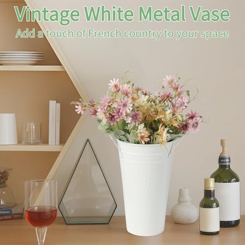 6 Pcs White Flower Buckets, Galvanized Metal Vases,9.8 Inches Flower Vase with Handles, French Flower Bucket，Rustic Farmhouse Vases for Home Decor Wedding Table Centerpiece
